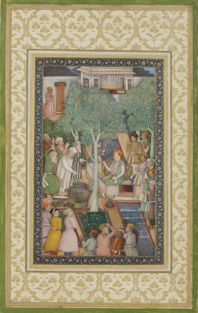 Keisari Jahangir pyhien miesten kanssa puutarhassa, n. 1615 (läpinäkymätön wc ja kultaa paperilla) tekijältä Abul Hassan Ghaffari