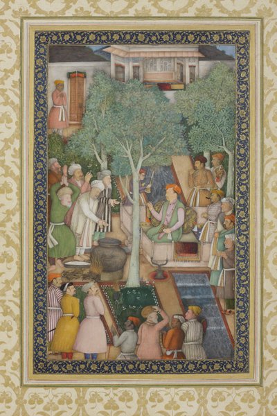 Keisari Jahangir pyhien miesten kanssa puutarhassa, n. 1615 (läpinäkymätön wc ja kultaa paperilla) tekijältä Abul Hassan Ghaffari