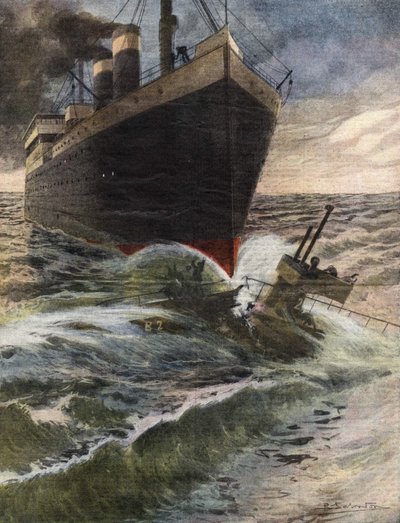 Saksalainen transatlanttinen kaatuu ja rikkoo englantilaisen laivaston sukellusveneen Doverin rannikolla - Beltramen kuvitus - "" La Domenica del Corriere"" lokakuu 1912 tekijältä Achille Beltrame