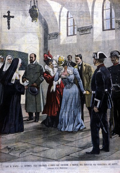 Madridissa nuori nainen, Mademoiselle Ubao, revitään nunnan elämästä luostarissa, jossa hän oli jesuiitojen ehdotuksesta. Beltramen kuvitus. Domenica del corriere. 1901. tekijältä Achille Beltrame