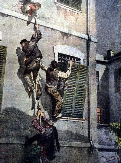 Neljän vangin rohkea pako Astin vankilasta murtautuessaan muurin läpi. Piirustus Beltrame. La Domenica del Corriere. 1902 tekijältä Achille Beltrame