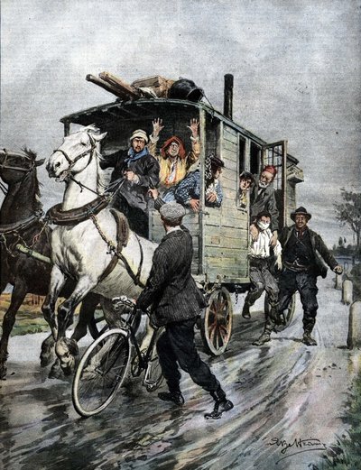 Mustalaisryhmä sieppasi nuoren pojan lähellä Cernusco sul Naviglioa Milanon alueella. Ill. de Beltrame. Kuriirin sunnuntai. 09/1909. tekijältä Achille Beltrame