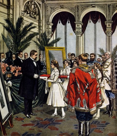 Quo Vadis?:n kirjoittajan vuosipäivä, lahjojen luovutus Sinkieviczille Varsovassa, kuvitus Achille Beltrame, La Domenica del Corriere, nro 3, 20. tammikuuta tekijältä Achille Beltrame