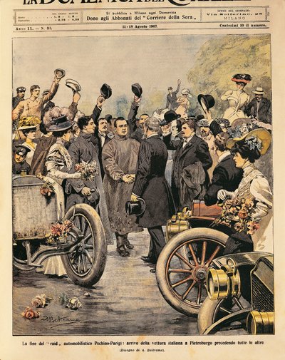 Italialaisen voittoauton (Itala 35/45 hv, Scipione Borghese ja Ettore Guizzardi) saapuminen Pietariin, Pariisi-Peking -moottorikilpailun loppu, kuvitus Achille Beltrame La Domenica del Corrieresta, 11.-18.8. tekijältä Achille Beltrame