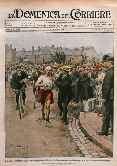 Dorando Pietrin (1885-1942) saapuminen maratonille, Lontoon olympialaiset, kuvitus Achille Beltrame La Domenica del Corrieresta, 2.-9. elokuuta tekijältä Achille Beltrame