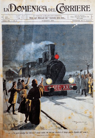 Uuden vuosisadan saapuminen, ihmiset toivottavat uuden vuosisadan tervetulleeksi ilolla, kuvitus Achille Beltrame (1871-1945), La Domenica del Corriere, 6. tammikuuta tekijältä Achille Beltrame