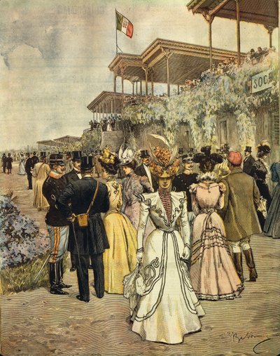 San Siron hevoskilpailuissa (Milano), kirjoittanut Achille Beltrame (1871-1945), La Domenica del Corrieresta, 4. kesäkuuta 1899 tekijältä Achille Beltrame