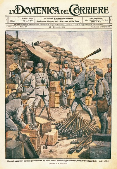 Itävallan barbaarit valmistautuvat hyökkäykseen ala-Isonzossa, kuva La Domenica del Corrieresta, 23. heinäkuuta tekijältä Achille Beltrame