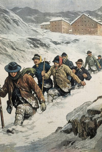 BELTRAME, Akhilleus (1871-1945). Italialaisia työntekijöitä ylittämässä St. Bernardin sola Aostan ja Sveitsin välillä. Kansi "" La Domenica del Corriere"". 14.02.1904. Litografia. tekijältä Achille Beltrame