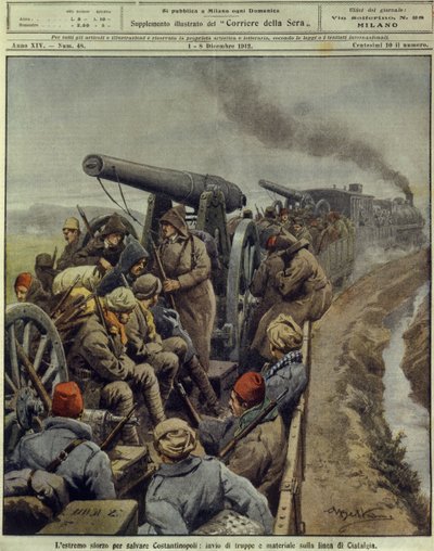 Balkanin sodat (1912-1913), viimeinen yritys pelastaa Konstantinopolin joukkojen ja tavaroiden lähettäminen Ciafaldan linjalle, 1. joulukuuta tekijältä Achille Beltrame