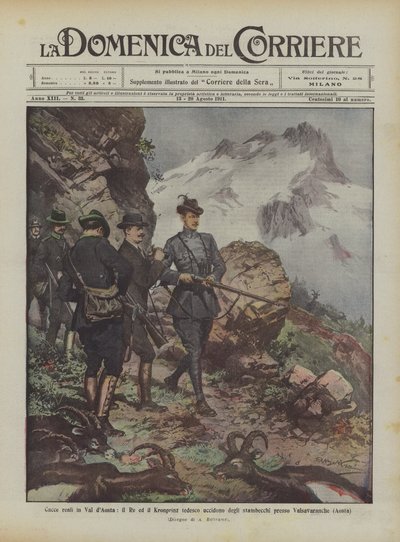 Kuninkaalliset metsästykset Val dAostassa, kuningas ja saksalainen Kronprinz tappavat metsäkurpit lähellä Valsavaranchea (Aosta) tekijältä Achille Beltrame