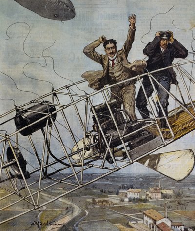 De Bradskin ilmalaivan katastrofi lähellä Pariisia, Ranska, Achille Beltramen kuvitus La Domenica del Corrierelle, 26. lokakuuta tekijältä Achille Beltrame