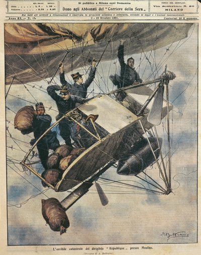 Ilmalaivan Republique-katastrofi lähellä Moulinsia, Ranska, kuvitus Achille Beltrame La Domenica del Corrieresta, 3.-10.10. tekijältä Achille Beltrame
