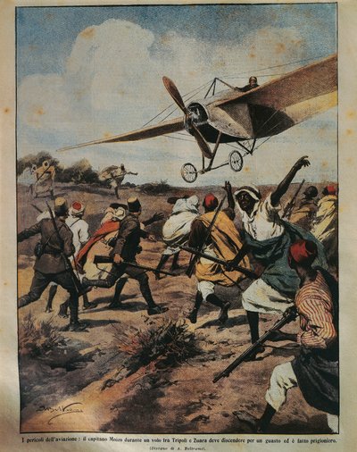 Achille Beltramen (1871-1945) kansikuva kapteeni Moizosta, joka yrittää laskua Afrikan kampanjan aikana, La Domenica del Corrieresta, 22. syyskuuta 1912 tekijältä Achille Beltrame