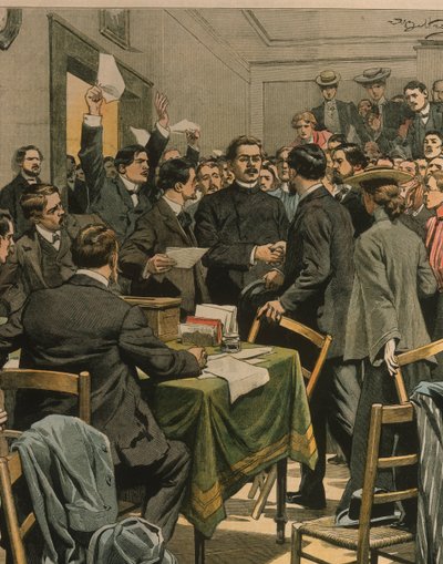Kansikuva Maxim Gorkyn saapumisesta Venäjän vallankumouksellisten kokoukseen; Lontoo, Englanti tekijältä Achille Beltrame