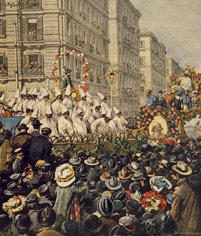 Väkijoukkoja karnevaalin aikana Napolissa, kirjoittanut Achille Beltrame, kuvitus, kuvittaja Achille Beltrame (1871-1945), La Domenica del Corrieresta, 31. tammikuuta 1904 tekijältä Achille Beltrame