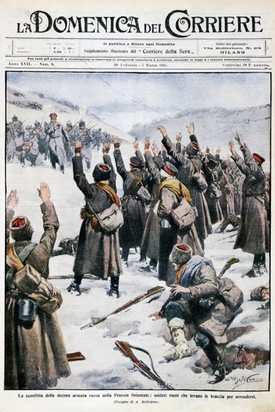 Kymmenennen Venäjän armeijan tappio Itä-Preussissa: venäläissotilaat nostivat kätensä antautuessaan, Achille Beltramen (1871-1945) levy La Domenica del Corrieresta, 28.2.-7.3.1915 tekijältä Achille Beltrame