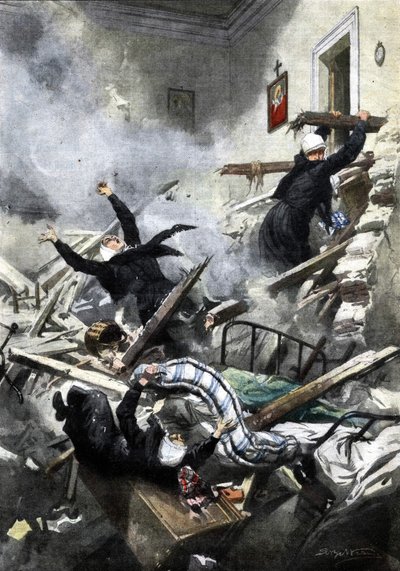 Katastrofi rakennuksessa Genovassa: hyvät sisarukset katosivat kahden asunnon romahtaessa. Ill. de Beltrame. “La Domenica del Corriere”. 04/1914. tekijältä Achille Beltrame