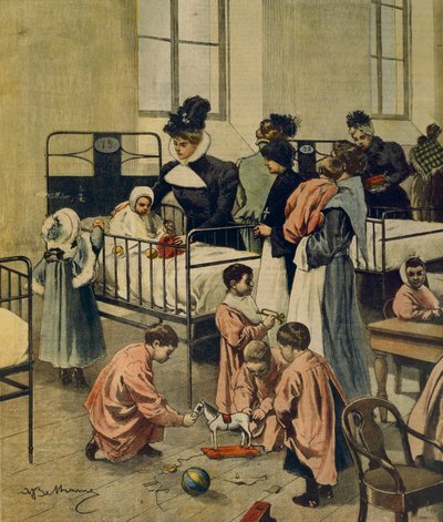 Joululahjojen jakaminen sairaalassa oleville köyhille lapsille, Achille Beltrame, kuvitus, kuvittaja Achille Beltrame (1871-1945), La Domenica del Corriere, 23. marraskuuta 1900 tekijältä Achille Beltrame