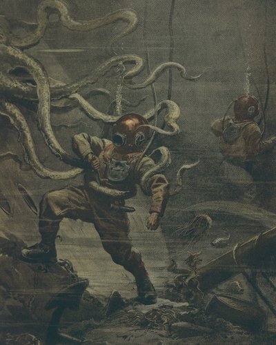 Jättiläinen mustekala hyökkäsi sukeltajaan sukelluksen aikana, Achille Beltrame, kuvitus, kuvittaja Achille Beltrame (1871-1945), La Domenica del Corrieresta, 25. lokakuuta 1908 tekijältä Achille Beltrame
