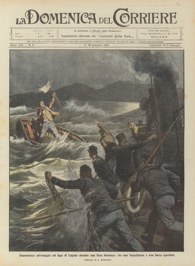Dramaattinen pelastus Luganojärvellä reilun myrskyn aikana, torpedoveneen ja kadonneen veneen välillä tekijältä Achille Beltrame