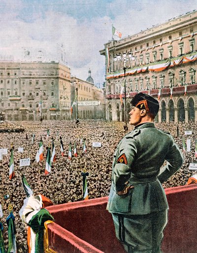 Ducen puhe Piazza Duomolla Milanossa, kirjoittanut Achille Beltrame (1871-1945) La Domenica del Corrieren numerosta toukokuussa 1930 tekijältä Achille Beltrame