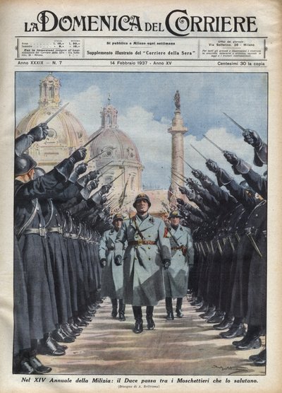 Herttua Benito Mussolini arvioi Rooman kansallisen turvallisuuden vapaaehtoisjoukkojen "muskettisoturit". Kuvitus Achille Beltramesta elokuvassa "" Kuriirin sunnuntai" 14.2.1937. tekijältä Achille Beltrame