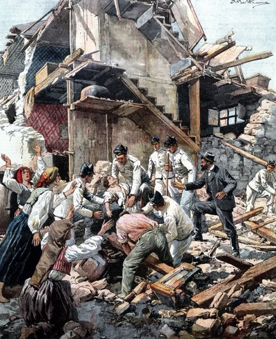 Maanjäristys Reggiossa (Calabria) 28.12.1908. Sotilaat etsivät raunioista maanjäristyksen uhreja. Beltramen kuvitus. tekijältä Achille Beltrame