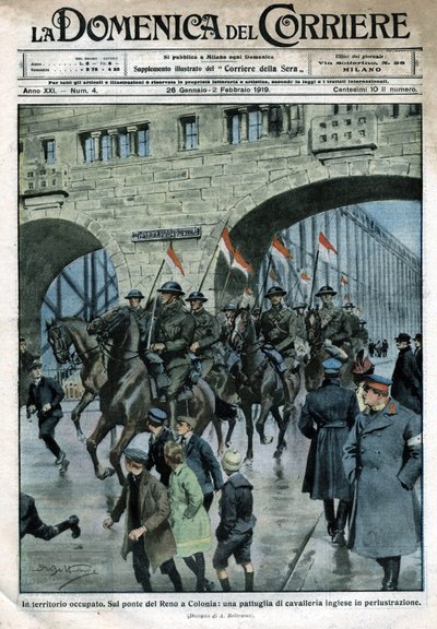 Englannin läsnäolo Saksassa: sotilasjoukot Reinin sillalla Kölnissä. Kuva Beltramesta. La Domenica del Corriere. 01/1919. tekijältä Achille Beltrame