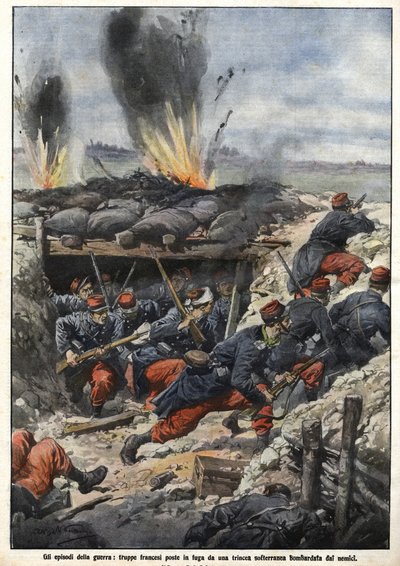 Vuoden 1914 sodan jakso: Viholliset pommittavat haudoissa olevia ranskalaisia joukkoja. “La Domenica del Corriere” tekijältä Achille Beltrame