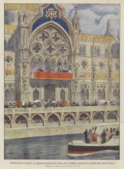 Pariisin näyttely, avajaiskulkue kulkee, Seinen rannalla, Italian paviljongin edestä tekijältä Achille Beltrame