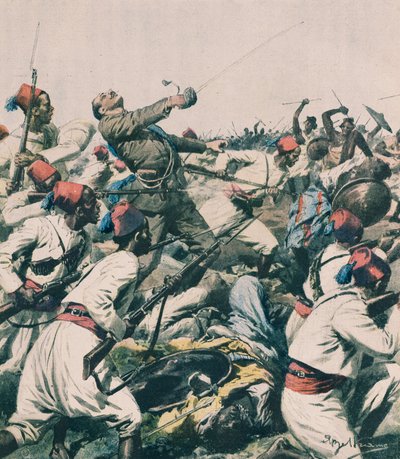 Etiopian hyökkäys Lughin varuskuntaa vastaan ​​ja kapteeni Bongiovannin tappaminen, kirjoittanut Achille Beltrame, kuvitus, Achille Beltrame (1871-1945), La Domenica del Corrieresta tekijältä Achille Beltrame