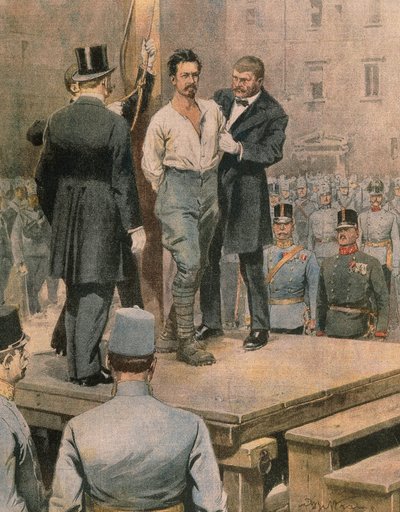 Cesare Battistin teloitus Trentossa, kirjoittanut Achille Beltrame, kuvitus, kuvittaja Achille Beltrame (1871-1945), La Domenica del Corrieresta, heinäkuu 1916 tekijältä Achille Beltrame
