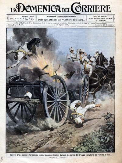 Tykistölaatikon räjähdys lähellä Capannoria (Lucca) 7. tykistörykmentin siirron aikana Volterrasta Pisaan. Kuva Beltramesta. "" La Domenica del corriere"". 15-23/08/1909. tekijältä Achille Beltrame