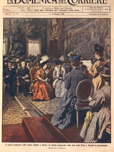 Ensimmäinen italialainen naisten kongressi Capitolissa, Roomassa, kuvitus Achille Beltrame La Domenica del Corrieresta, 3. toukokuuta tekijältä Achille Beltrame