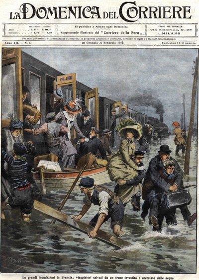 Tulvat Pariisin ympäristössä tammikuussa 1910, "Domenica del corrieren" kansi 6. helmikuuta tekijältä Achille Beltrame