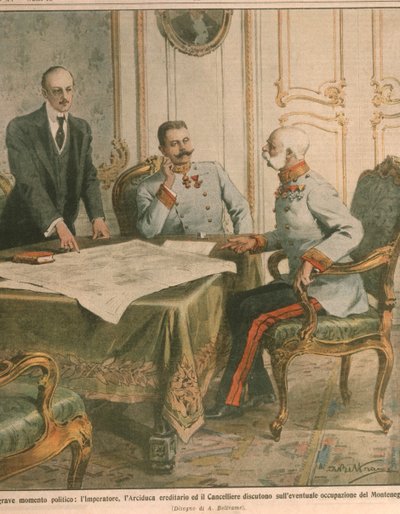 Franz Joseph I, Itävallan keisari, keskustelee Montenegron miehityksestä, Kansikuva "La Domenica del Corrieresta" tekijältä Achille Beltrame