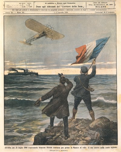Ranskalainen lentäjä Louis Bleriot, ensimmäinen henkilö ylittää Englannin kanaalin, juhlia Englannin rannikolla, 25. heinäkuuta tekijältä Achille Beltrame