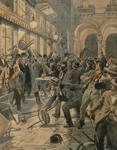 Yleislakko Milanossa, mellakoita Galleria Vittorio Emanuele II:ssa, kirjoittanut Achille Beltrame, kuvitus, kuvittaja Achille Beltrame (1871-1945), La Domenica del Corrieresta tekijältä Achille Beltrame