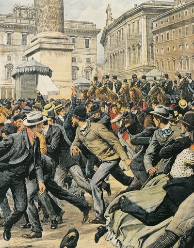 Yleislakko Roomassa, kirjoittanut Achille Beltrame, kuvitus, kuvittaja Achille Beltrame (1871-1945), La Domenica del Corriere tekijältä Achille Beltrame