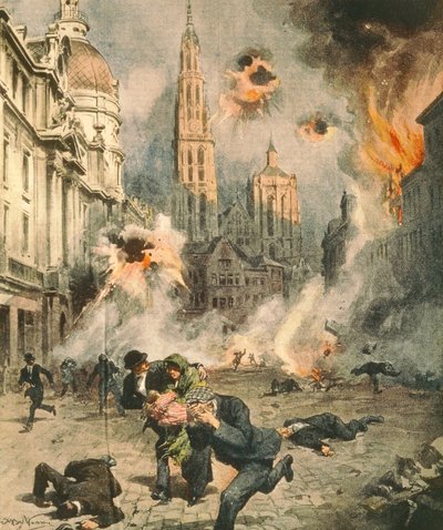 Saksalaiset pommittavat ja miehittävät Antwerpeniä, Achille Beltrame (1871-1945), kuvitus La Domenica del Corrieresta tekijältä Achille Beltrame