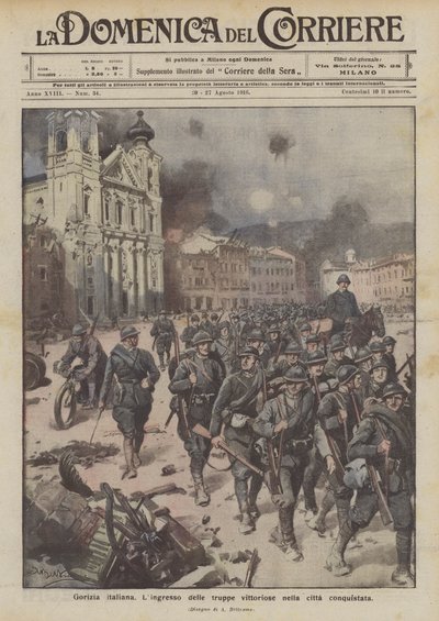 Italian Gorizia, voittajajoukkojen saapuminen valloitettuun kaupunkiin tekijältä Achille Beltrame