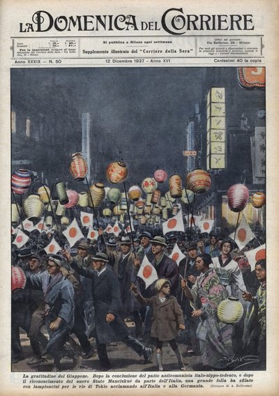 Tokion asukkaiden suuri saastaisuus osoittaa kunnioitusta Italialle ja Saksalle uuden Manchukuon valtion (Manchukuo tai Manzhouguo) tunnustamisen jälkeen. Kuva Achille Beltramesta "La domenica del corriere"" 12.12.1937 tekijältä Achille Beltrame