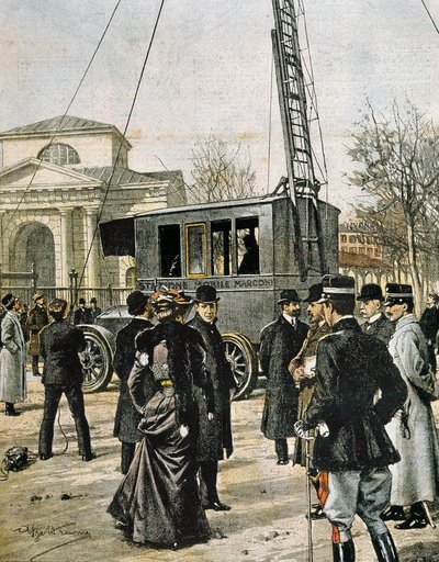 Guglielmo Marconi avustaa Milanossa ensimmäisen Stazione Radio Mobilen testissä. Achille Beltramen kuvitus "Domenica del Corriere" (1906). Kaiverrus. tekijältä Achille Beltrame