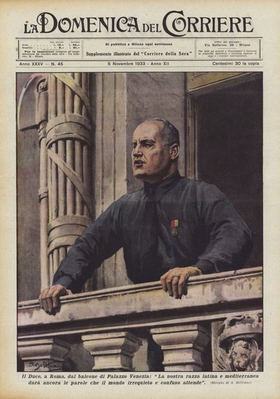 Il Duce, Rooma, Palazzo Venezian parvekkeelta, Antaako latinalais- ja välimerellinen rotumme vielä? tekijältä Achille Beltrame