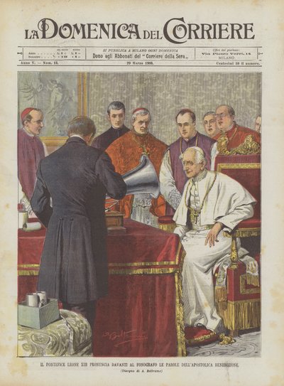 Paavi Leo XIII lausuu apostolisen siunauksen sanat fonografin edessä tekijältä Achille Beltrame