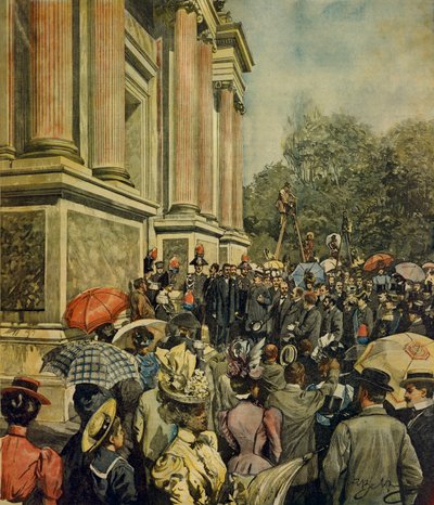 Ensimmäisen kansainvälisen taidenäyttelyn avajaiset Venetsiassa, Achille Beltrame (1871-1945), La Domenica del Corriere, 30. huhtikuuta 1899 tekijältä Achille Beltrame