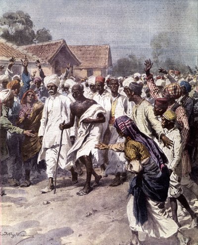 Intian poliittinen johtaja ja henkinen opas Mohandas Karamchand Gandhi (1869-1948) (Mahatma) aloitti 12.3.1930 suolamarssin saadakseen Intian itsenäisyyden britteistä. Kuva Achille Beltramesta elokuvasta "La domenica del Corriere" vuodelta 1930 tekijältä Achille Beltrame