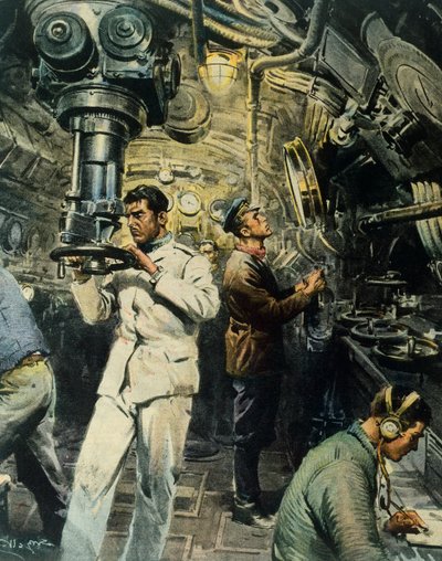 Sukellusveneen sisustus, Achille Beltrame (1871-1945), kuvitus La Domenica del Corrieresta, 28. joulukuuta tekijältä Achille Beltrame