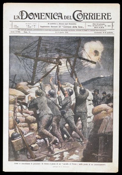 Italialaiset sotilaat asettavat friisihevosta kaivannon päälle, Achille Beltramen (1871-1945) lautanen Domenica del Corrierelle, 2.-9. huhtikuuta 1916, ensimmäinen maailmansota, Italia, 1900-luku tekijältä Achille Beltrame